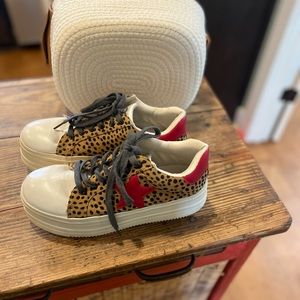 Boutique Cheetah Platform Tennis Shoes with Red Detail